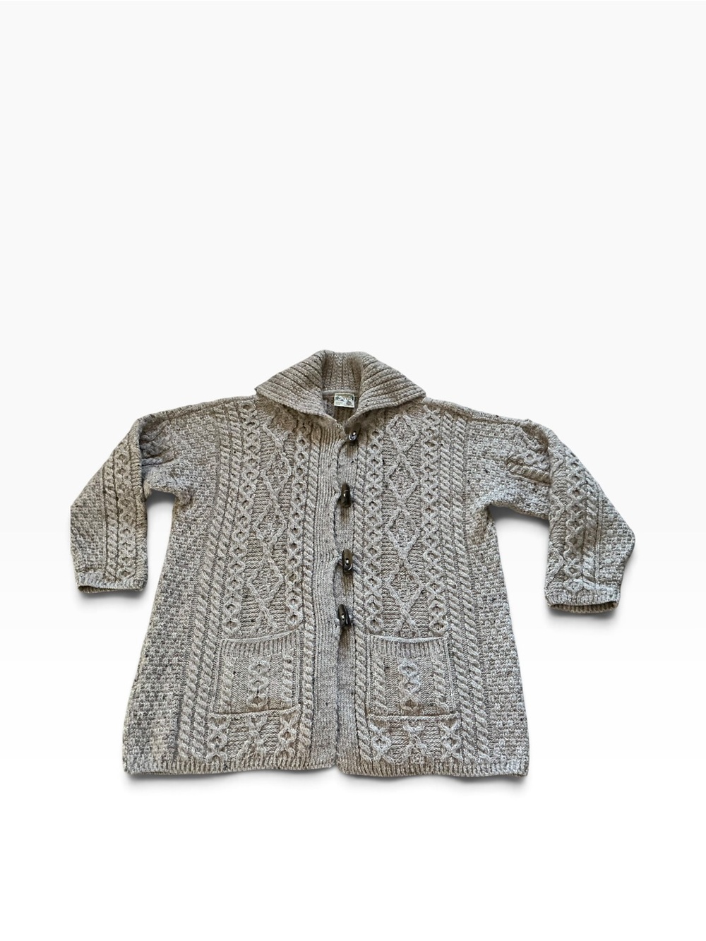 Vintage Aran Ireland merino wool cable knit cardigan beige horn toggle size XL